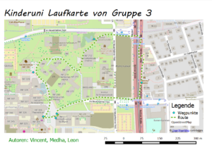 Example of a map designed by the children with their route in the Neuenheimer Feld including the stops for different tasks.