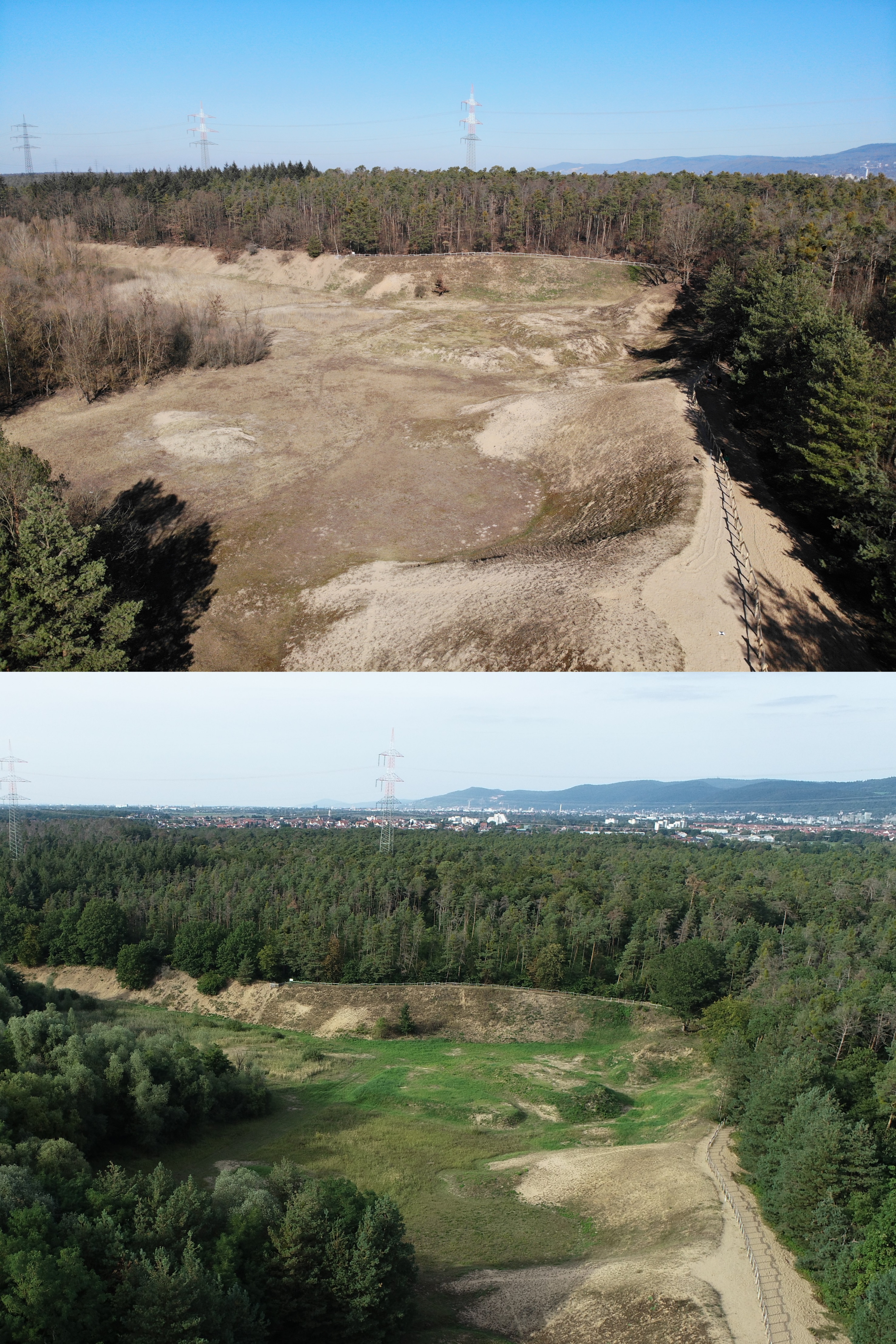 Luftaufnahme des Gebiets Zugmantel-Bandholz im Februar (oben) und September (unten).
