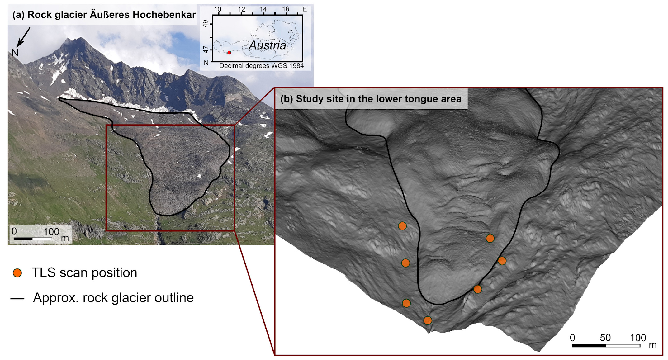 Overview map of the study site in the lower tongue area of the rock glacier ¨Außeres Hochebenkar, Austria (Zahs et al. 2022).